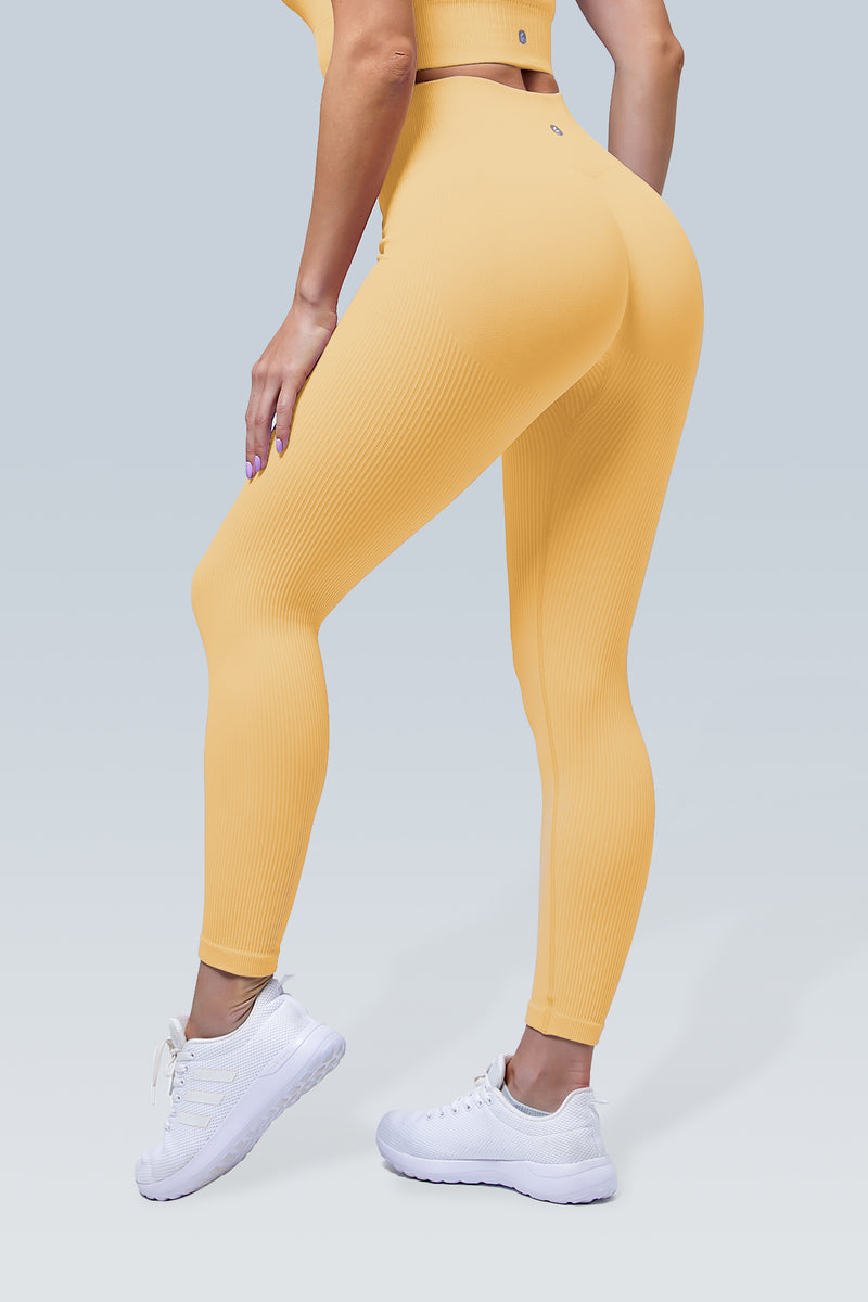 Ribbed High Waisted Seamless Scrunch Bum Leggings in Mustard with