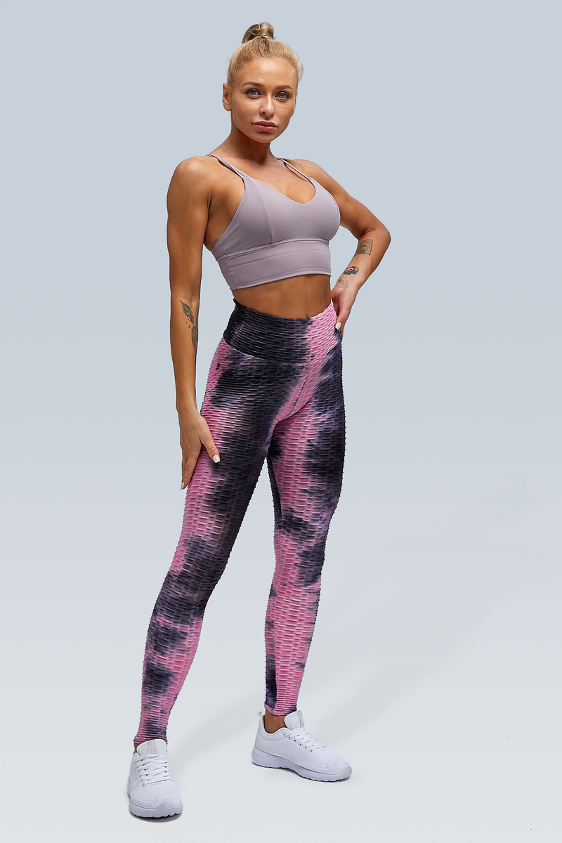 Tie Dye Honeycomb Textured Sports Leggings With Phone Pocket